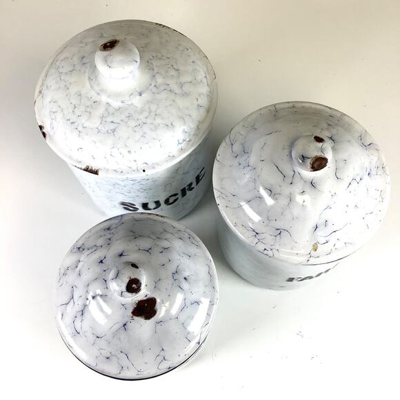 Vintage French Enamel Graniteware Canister Set of 3 Farmhouse Enamelware 1920/30 - Picture 5 of 8